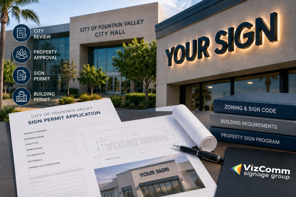 Channel letter sign permit planning in Fountain Valley, CA with city review, property approval and building permit requirements